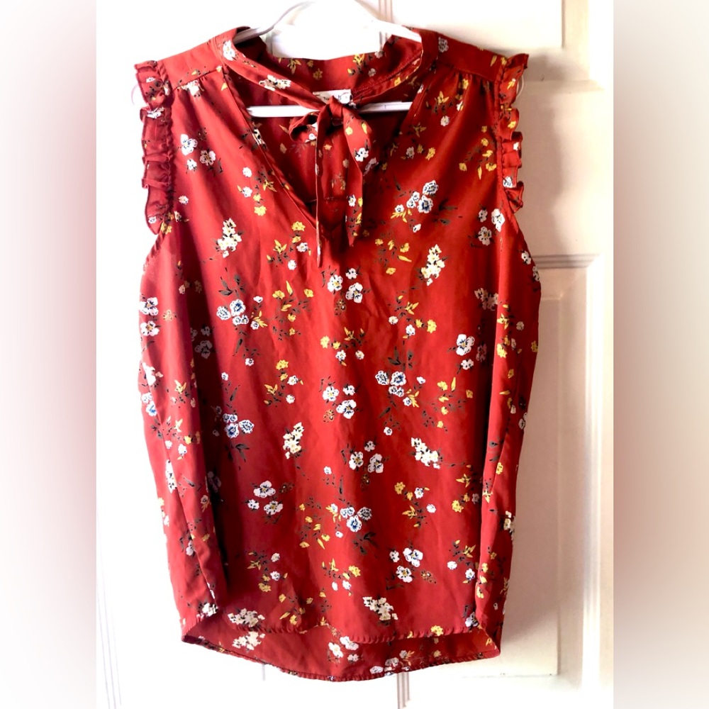 Trendy Js Rust Orange Cream Blue Floral Bow Tie Neck Ruffle Cap Slv Blouse Small